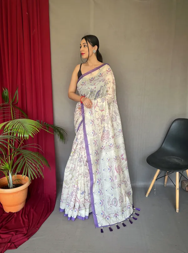 white_&_Purple_Pure_Malai_Cotton_Sarees_With_Katha_Print_Work_With_Blouse_Piece_Attached